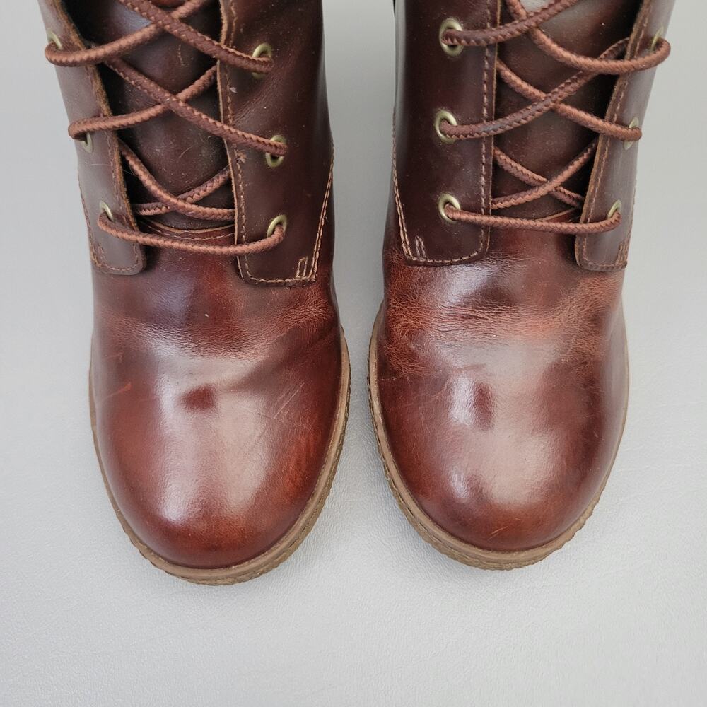 Timberland Glancy Brown Leather Heels Lace-up Ankle Booties Size 7 - Picture 6 of 12